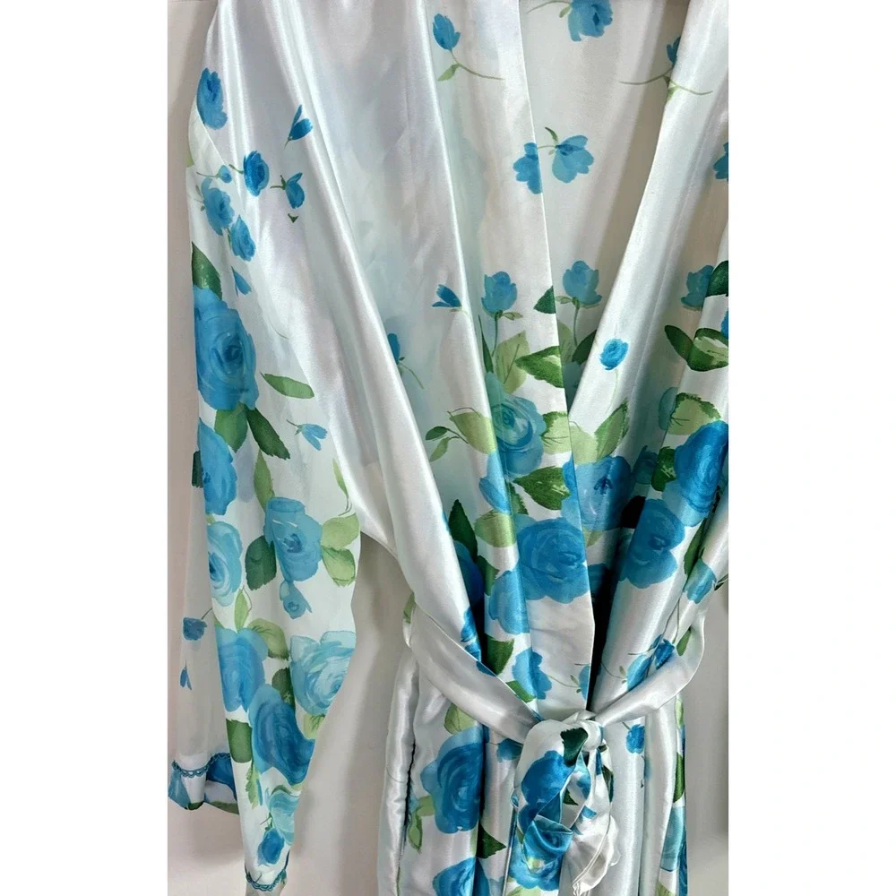 Vtg California‎ Dynasty Womens Robe Sz L Satin Floral Long White Blue Tie